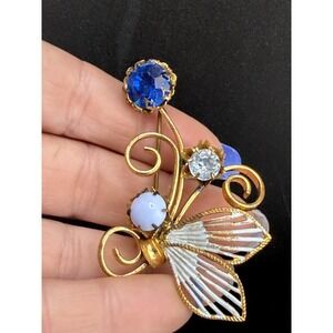 Vintage Brooch Gold Tone Western Germany Flower Blue Rhinestone